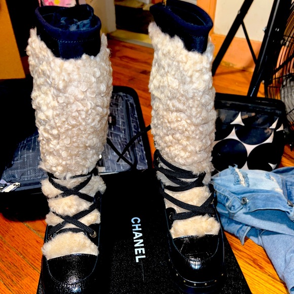 CHANEL Shoes - Chanel Black & Beige Shearling Crackled Sheepskin High Boots